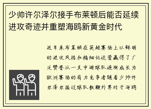少帅许尔泽尔接手布莱顿后能否延续进攻奇迹并重塑海鸥新黄金时代